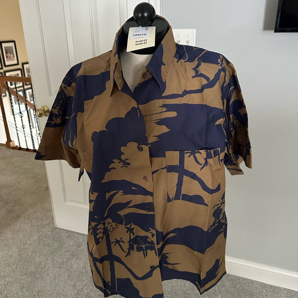 Navy and Tan Women's Tropical Print Shirt - Picture 2 of 4